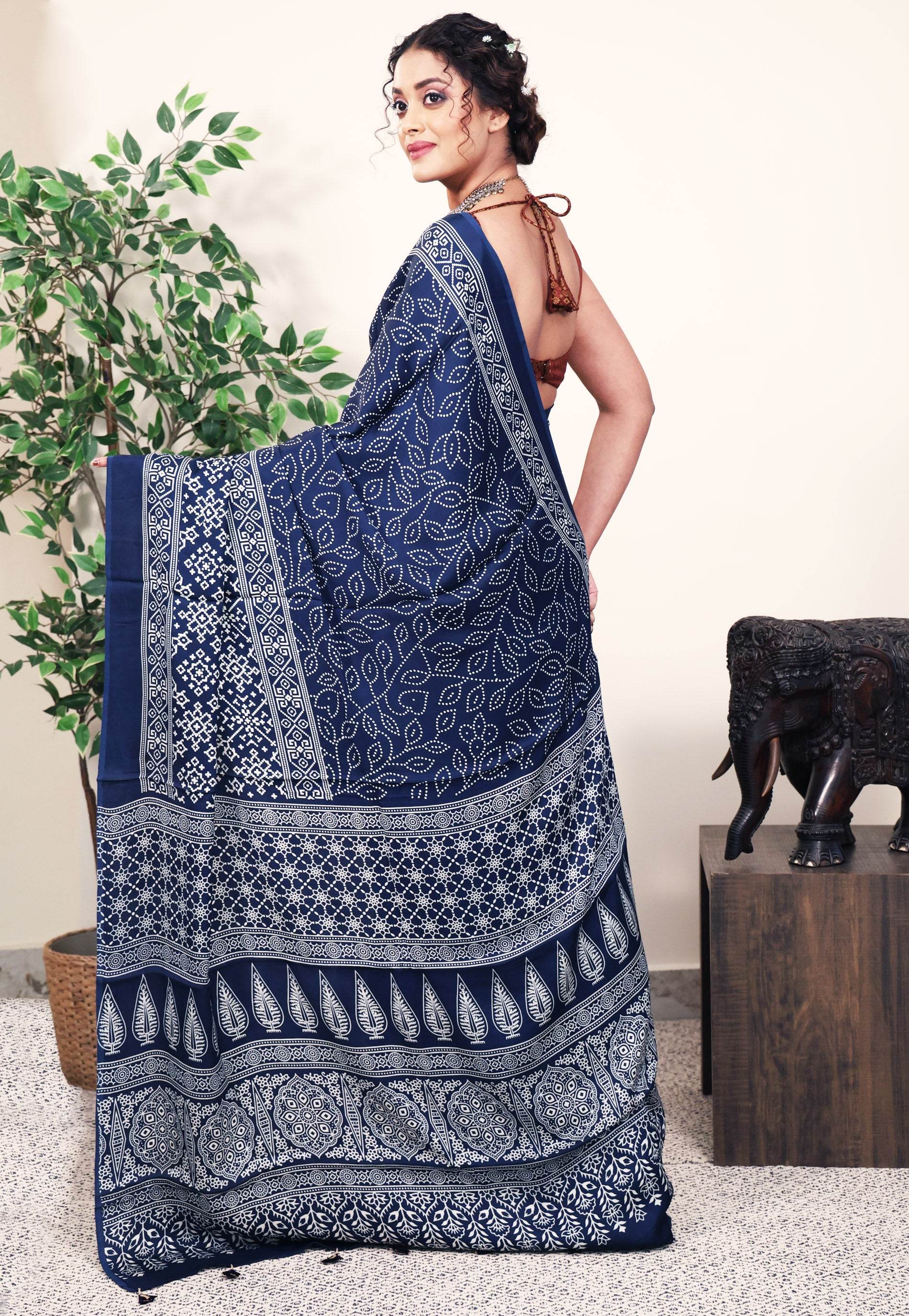 Navy Blue Ajrakh print in Modal Silk Saree With Blouse Piece - Adi Akshoy & Co.