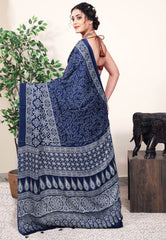 Navy Blue Ajrakh print in Modal Silk Saree With Blouse Piece - Adi Akshoy & Co.
