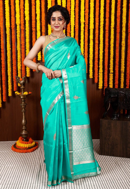 Light Feroza Katan Kadwa Silk Saree With Blouse Piece - Adi Akshoy & Co.