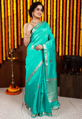 Light Feroza Katan Kadwa Silk Saree With Blouse Piece - Adi Akshoy & Co.