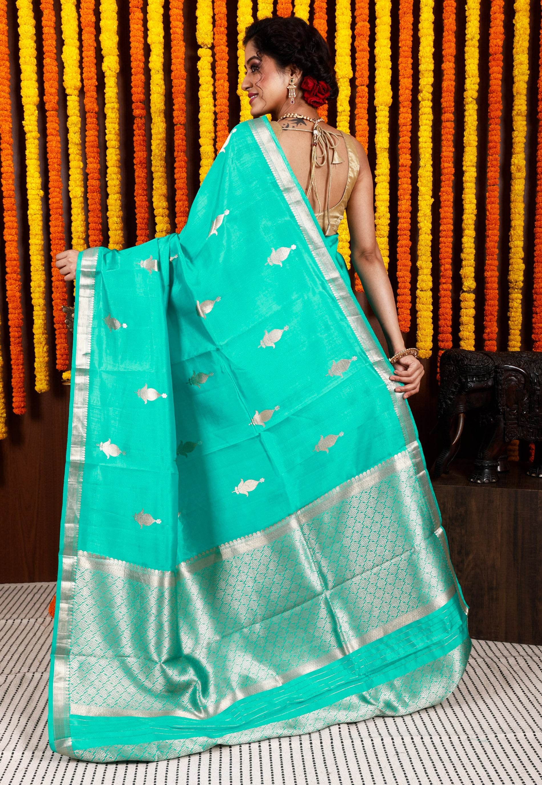 Light Feroza Katan Kadwa Silk Saree With Blouse Piece - Adi Akshoy & Co.