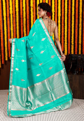 Light Feroza Katan Kadwa Silk Saree With Blouse Piece - Adi Akshoy & Co.