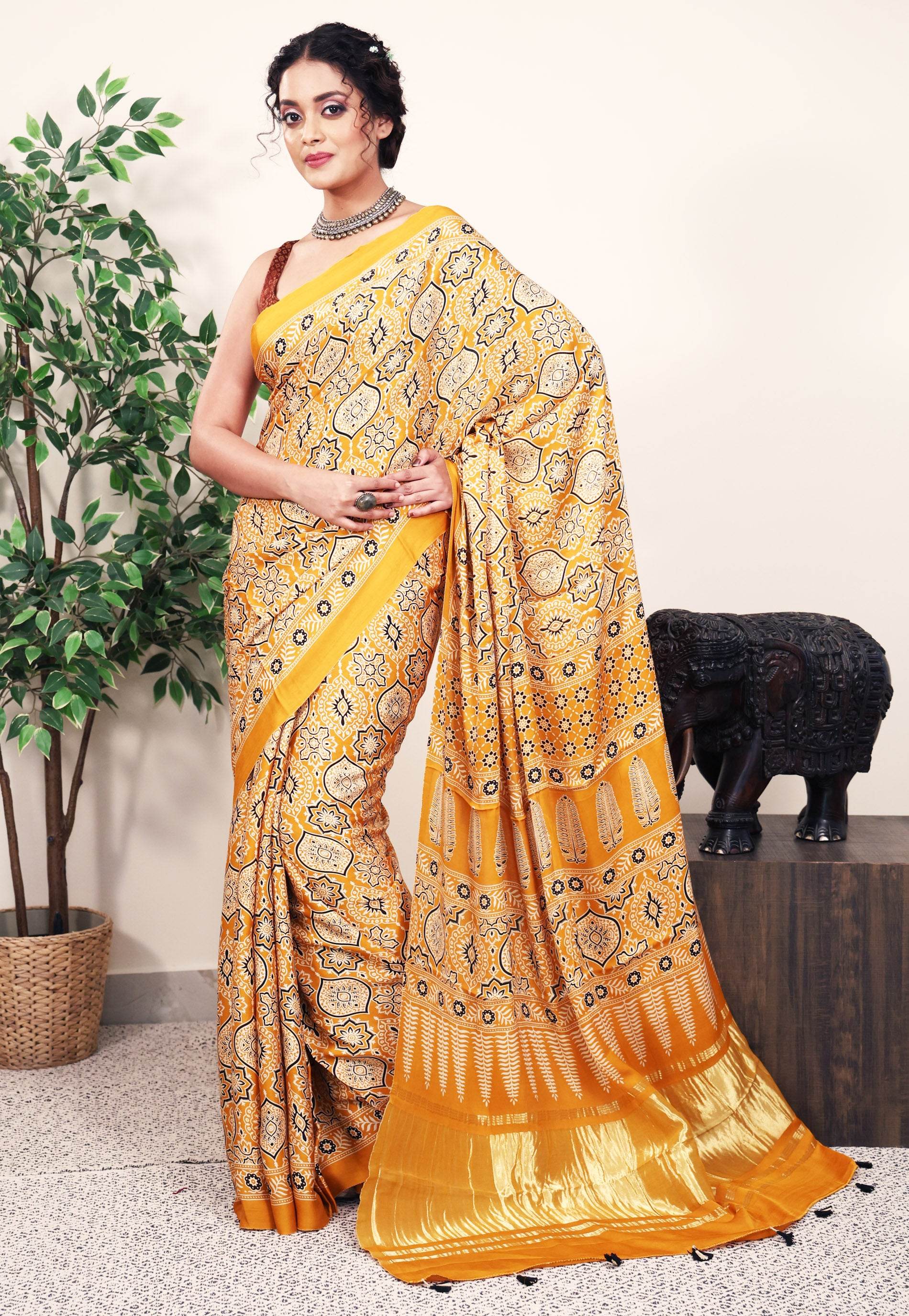 Mustard Ajrakh print in Modal Silk Saree With Blouse Piece - Adi Akshoy & Co.