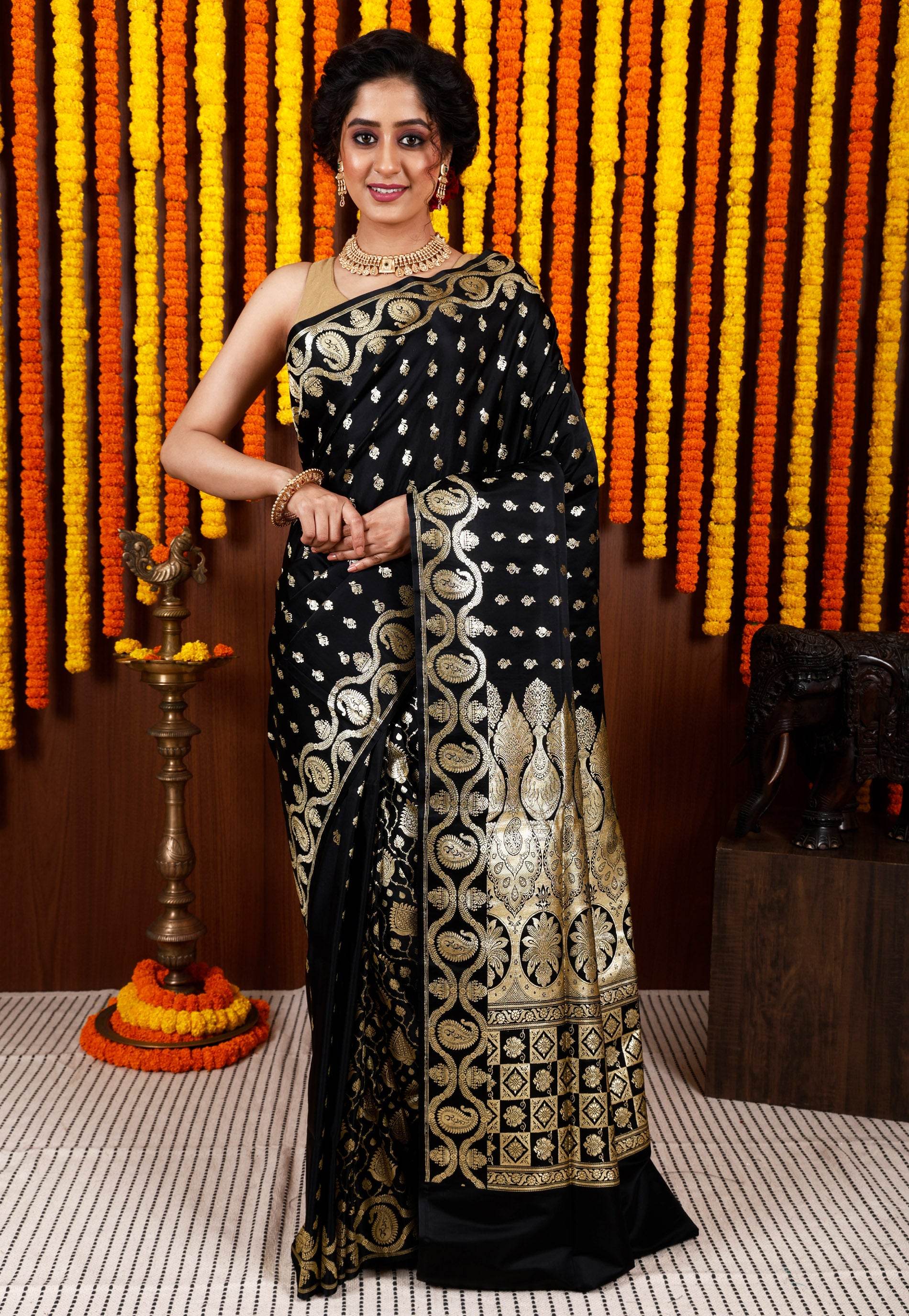 Black Wedding Banarasi Silk Saree with Blouse Piece - Adi Akshoy & Co.
