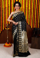 Black Wedding Banarasi Silk Saree with Blouse Piece - Adi Akshoy & Co.