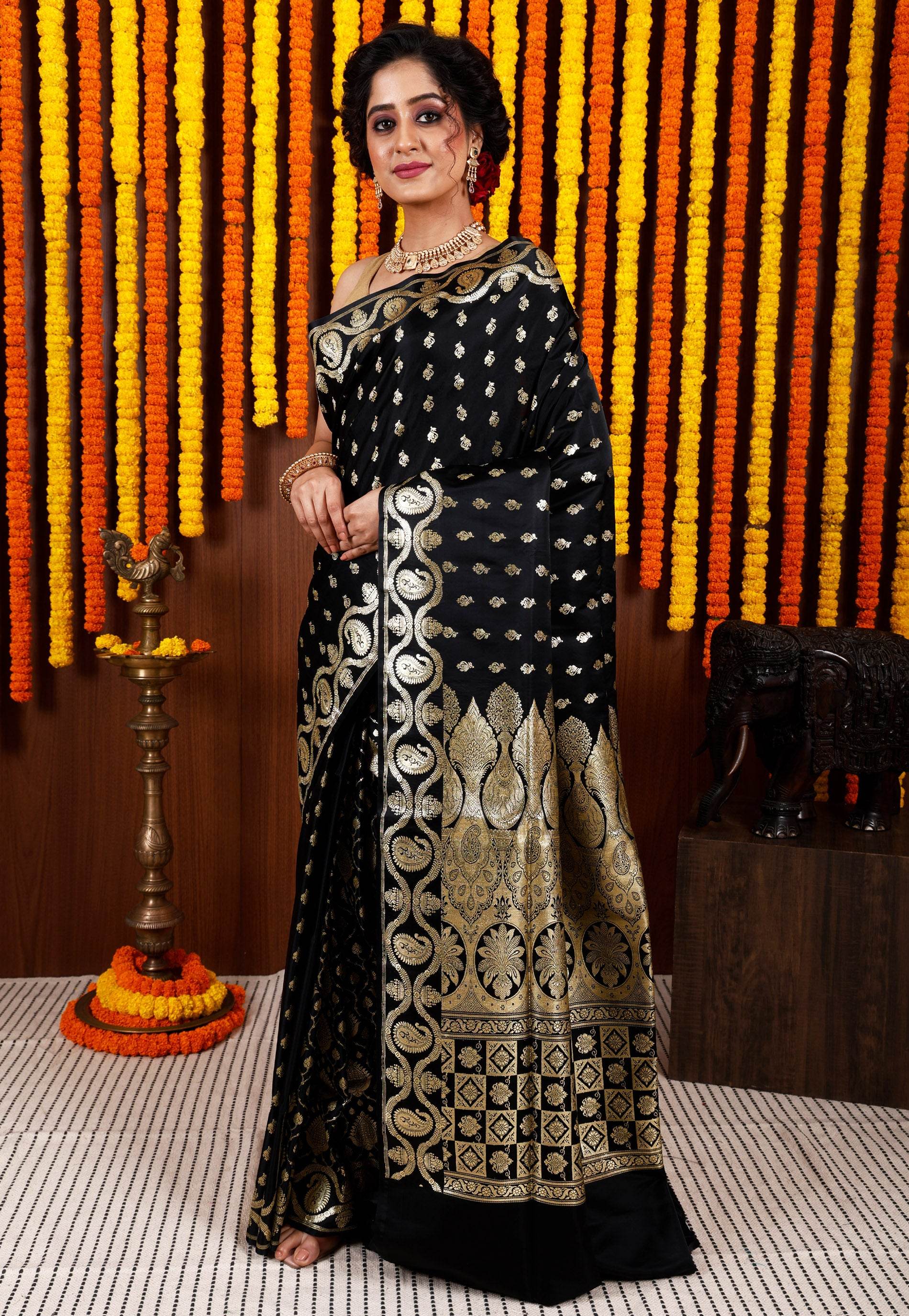 Black Wedding Banarasi Silk Saree with Blouse Piece - Adi Akshoy & Co.