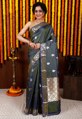 Dual tone Grey Pure Katan Silk Saree With Blouse Piece - Adi Akshoy & Co.