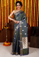 Dual tone Grey Pure Katan Silk Saree With Blouse Piece - Adi Akshoy & Co.