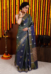 Dual Green Katan Silk Saree With Blouse Piece - Adi Akshoy & Co.