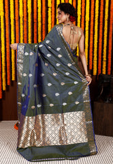 Dual tone Grey Pure Katan Silk Saree With Blouse Piece - Adi Akshoy & Co.