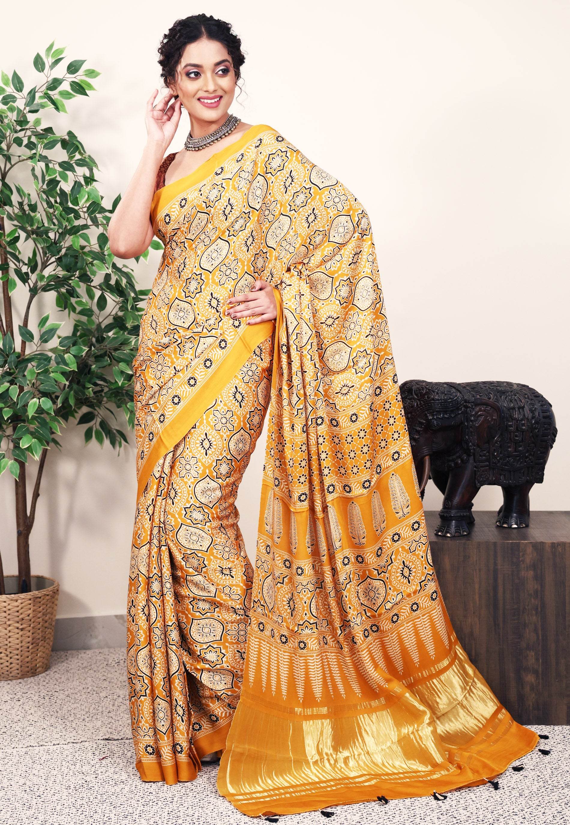 Mustard Ajrakh print in Modal Silk Saree With Blouse Piece - Adi Akshoy & Co.