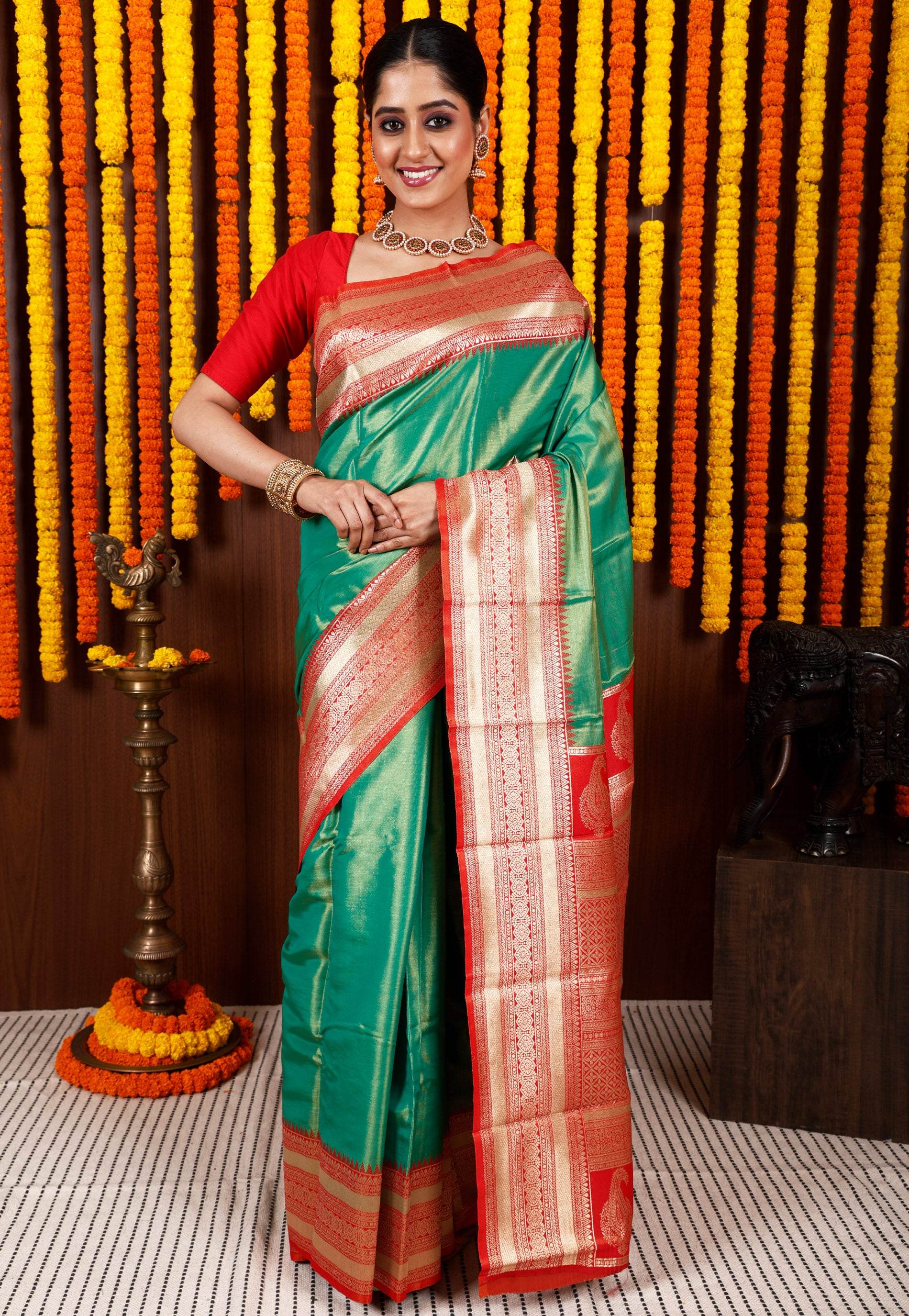 Green with Red Border Tissue Kanjivaram Silk Saree With Blouse Piece - Adi Akshoy & Co.