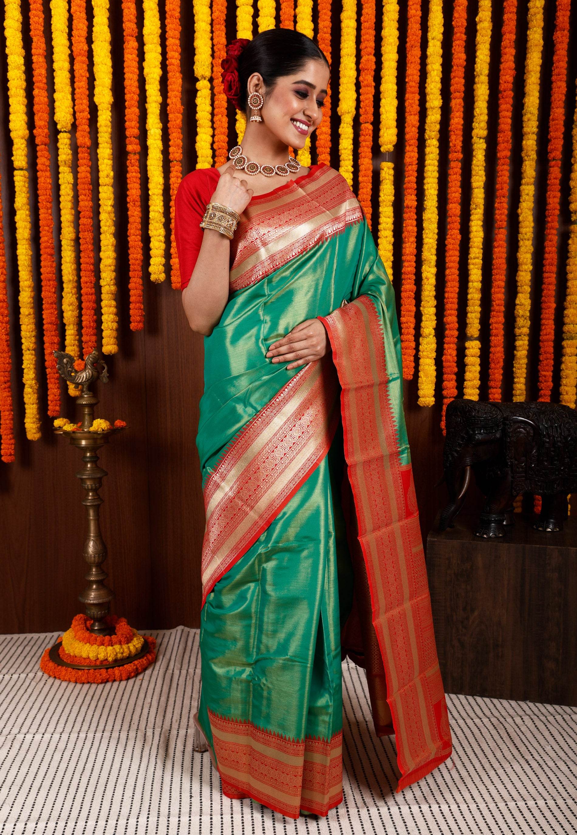 Green with Red Border Tissue Kanjivaram Silk Saree With Blouse Piece - Adi Akshoy & Co.