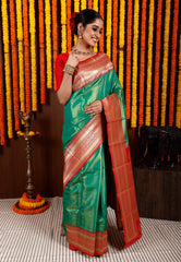 Green with Red Border Tissue Kanjivaram Silk Saree With Blouse Piece - Adi Akshoy & Co.