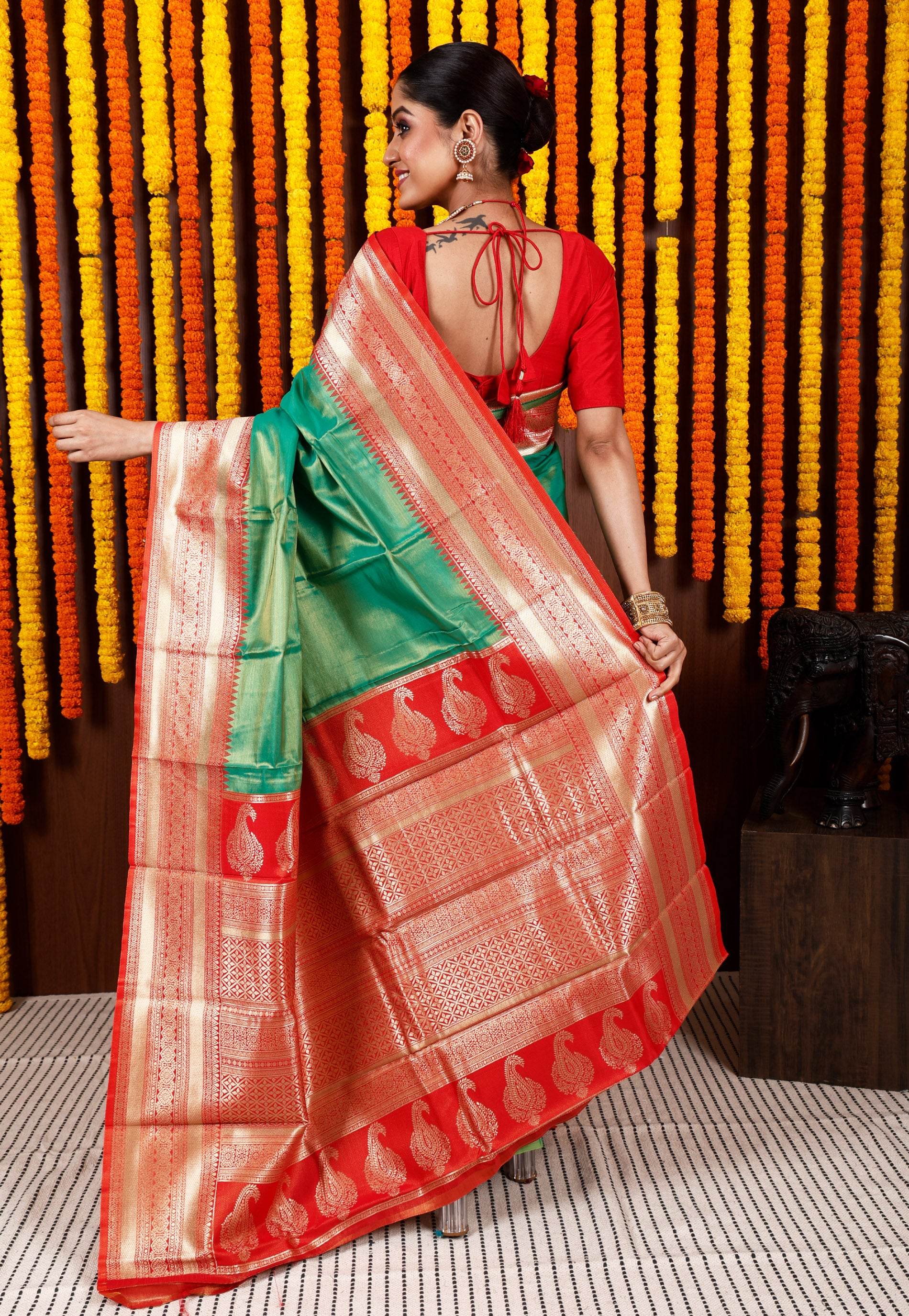 Green with Red Border Tissue Kanjivaram Silk Saree With Blouse Piece - Adi Akshoy & Co.