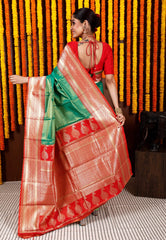 Green with Red Border Tissue Kanjivaram Silk Saree With Blouse Piece - Adi Akshoy & Co.