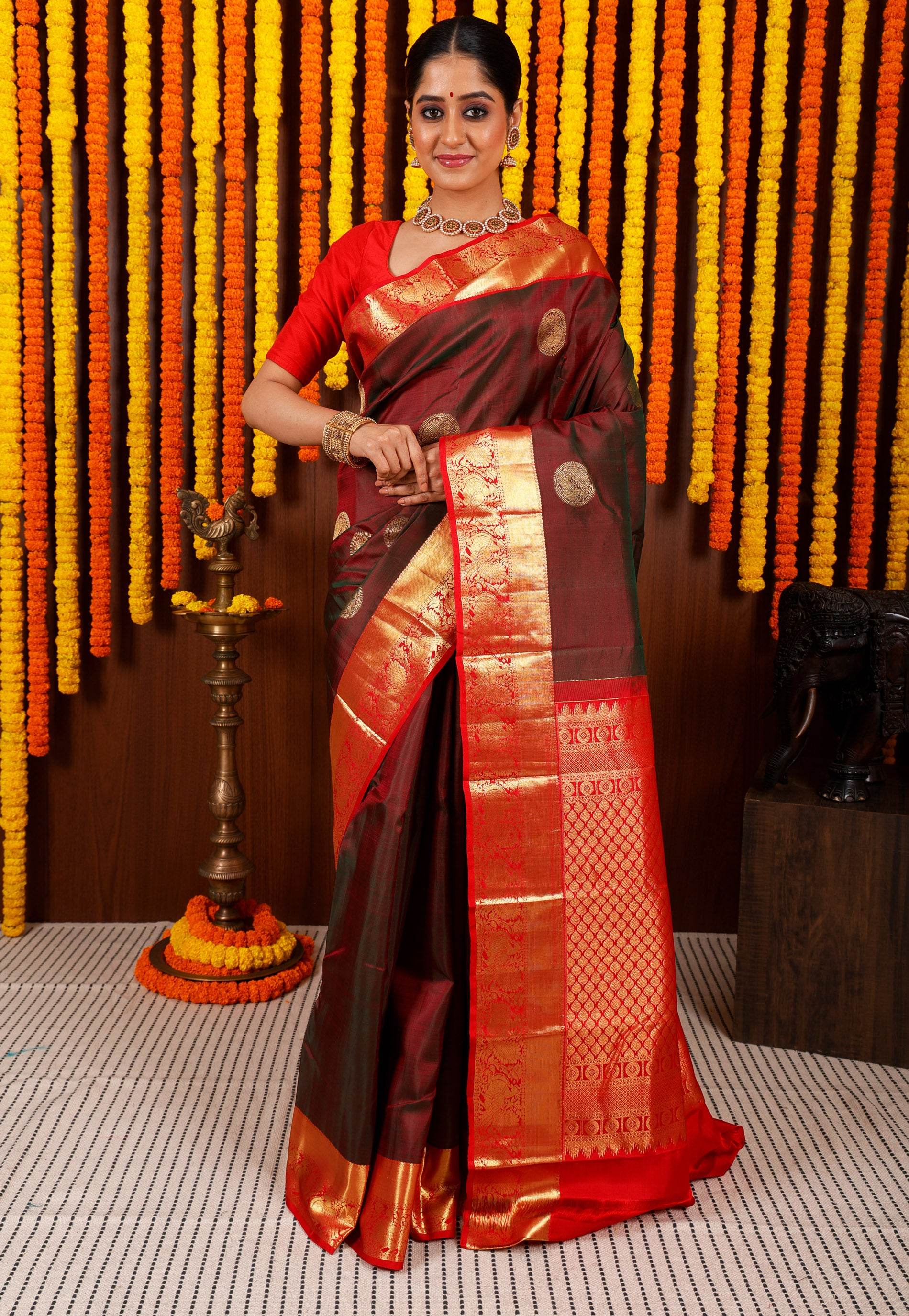 Cross Maroon with Red Border Kanjivaram Silk Saree With Blouse Piece - Adi Akshoy & Co.