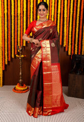 Cross Maroon with Red Border Kanjivaram Silk Saree With Blouse Piece - Adi Akshoy & Co.