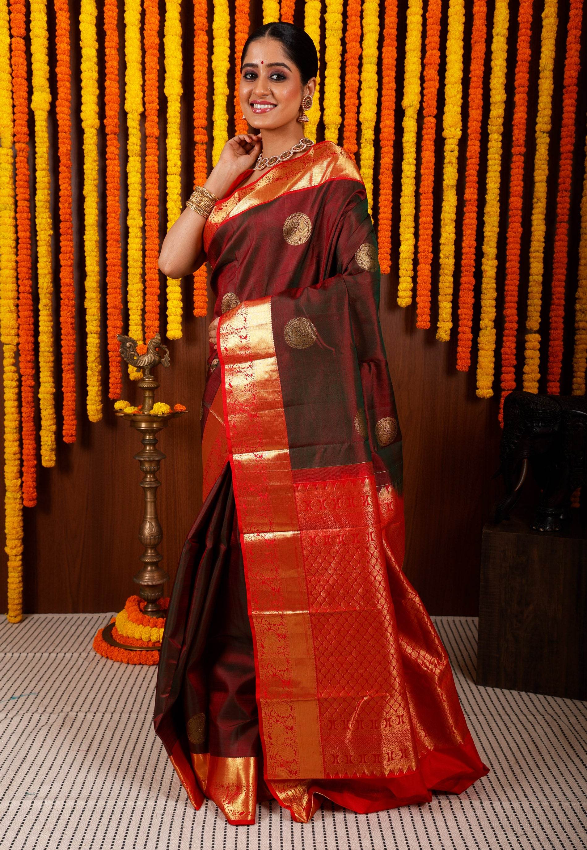 Cross Maroon with Red Border Kanjivaram Silk Saree With Blouse Piece - Adi Akshoy & Co.