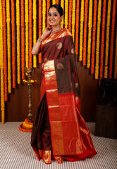 Cross Maroon with Red Border Kanjivaram Silk Saree With Blouse Piece - Adi Akshoy & Co.