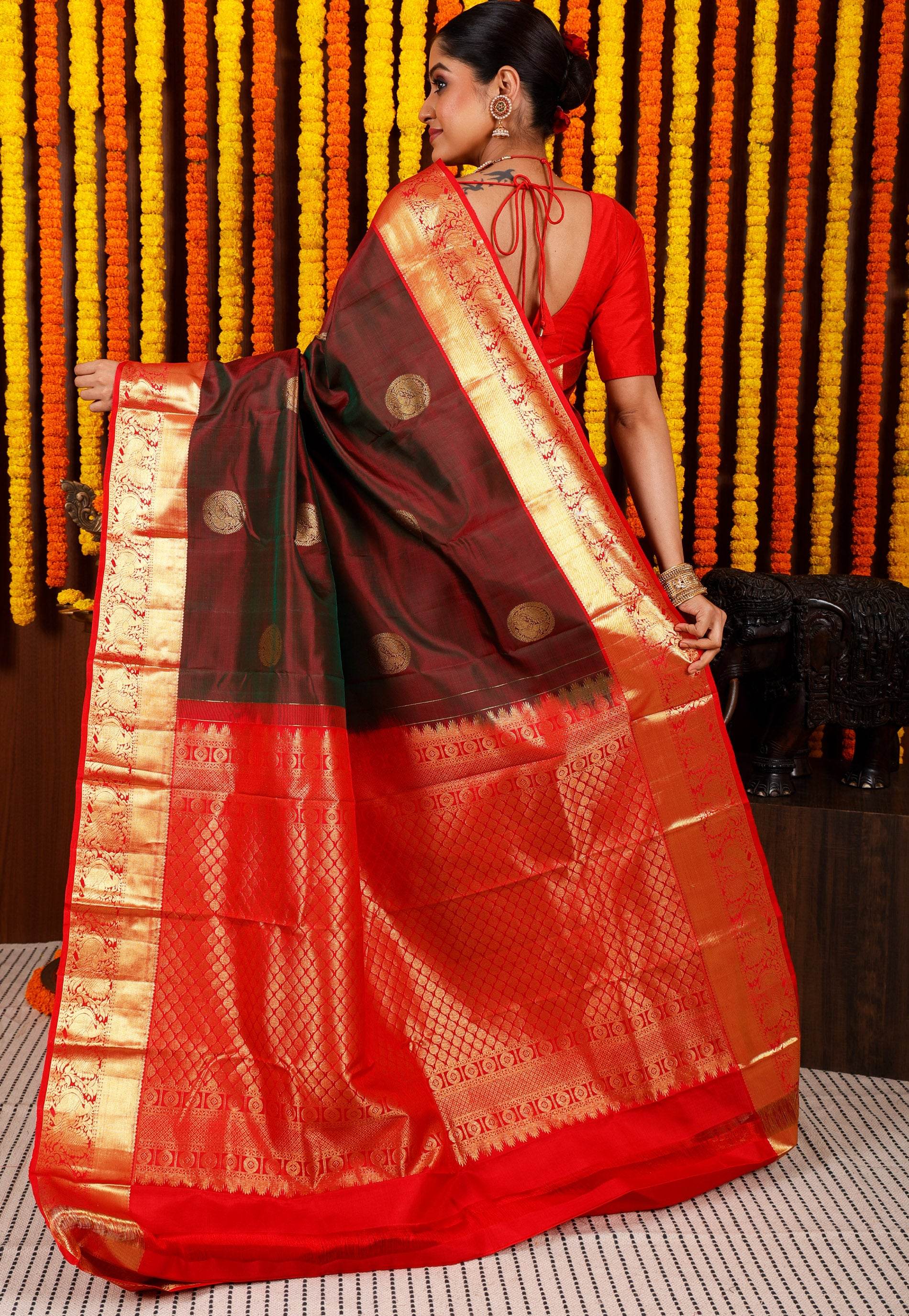 Cross Maroon with Red Border Kanjivaram Silk Saree With Blouse Piece - Adi Akshoy & Co.