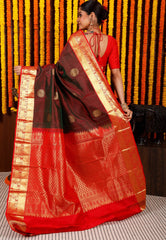 Cross Maroon with Red Border Kanjivaram Silk Saree With Blouse Piece - Adi Akshoy & Co.