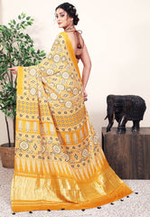 Mustard Ajrakh print in Modal Silk Saree With Blouse Piece - Adi Akshoy & Co.