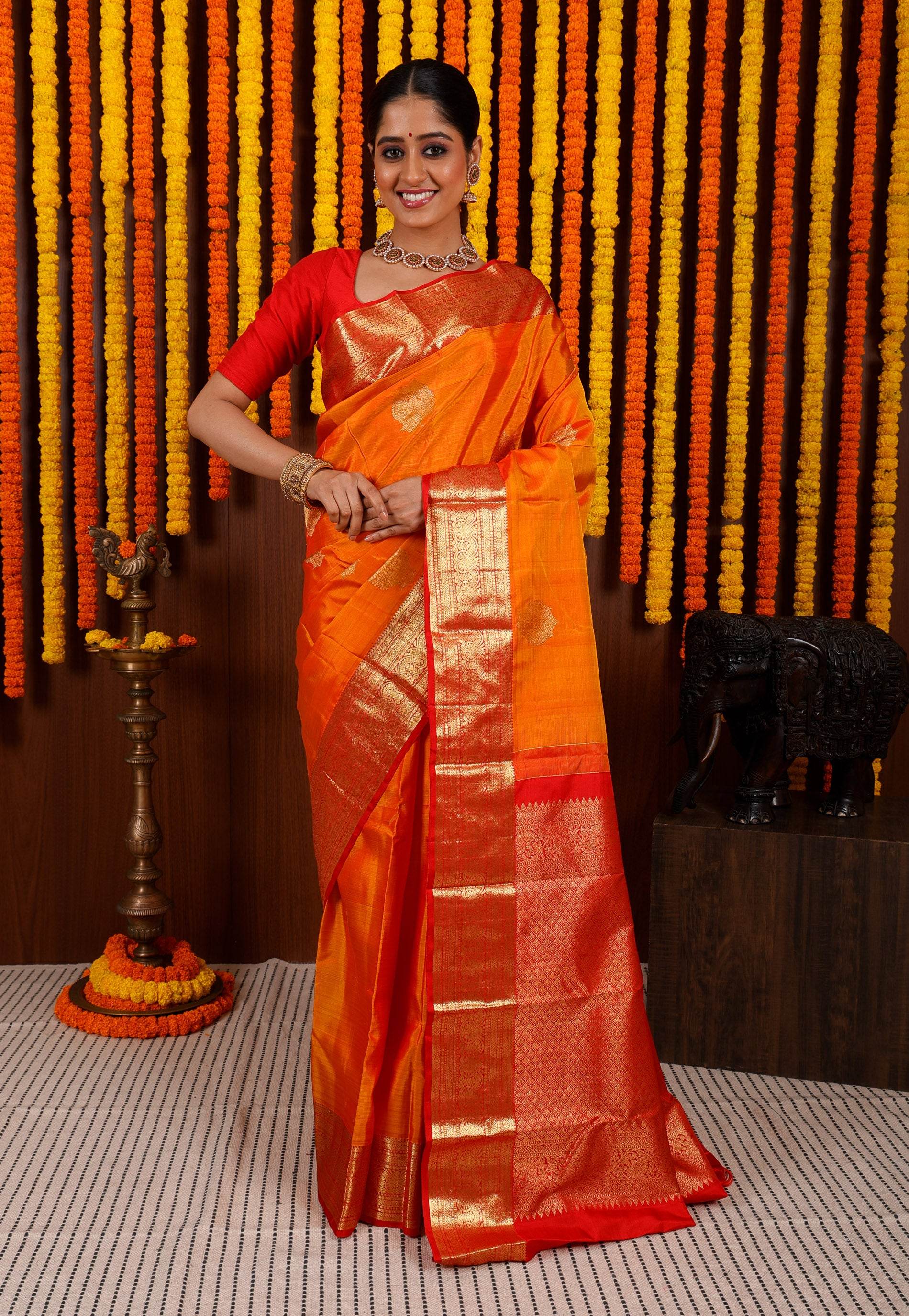 Golden Yellow with Red Border Kanjivaram Silk Saree With Blouse Piece - Adi Akshoy & Co.