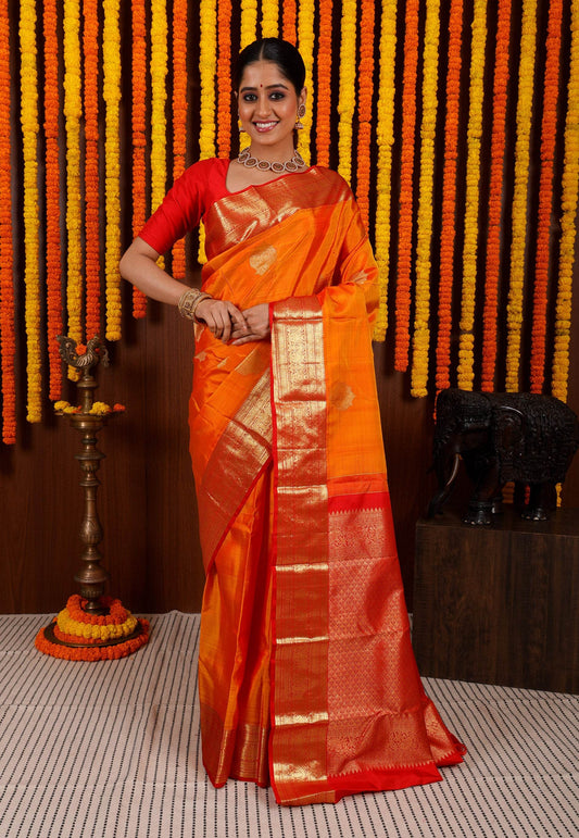Golden Yellow with Red Border Kanjivaram Silk Saree With Blouse Piece - Adi Akshoy & Co.