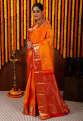 Golden Yellow with Red Border Kanjivaram Silk Saree With Blouse Piece - Adi Akshoy & Co.