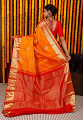 Golden Yellow with Red Border Kanjivaram Silk Saree With Blouse Piece - Adi Akshoy & Co.