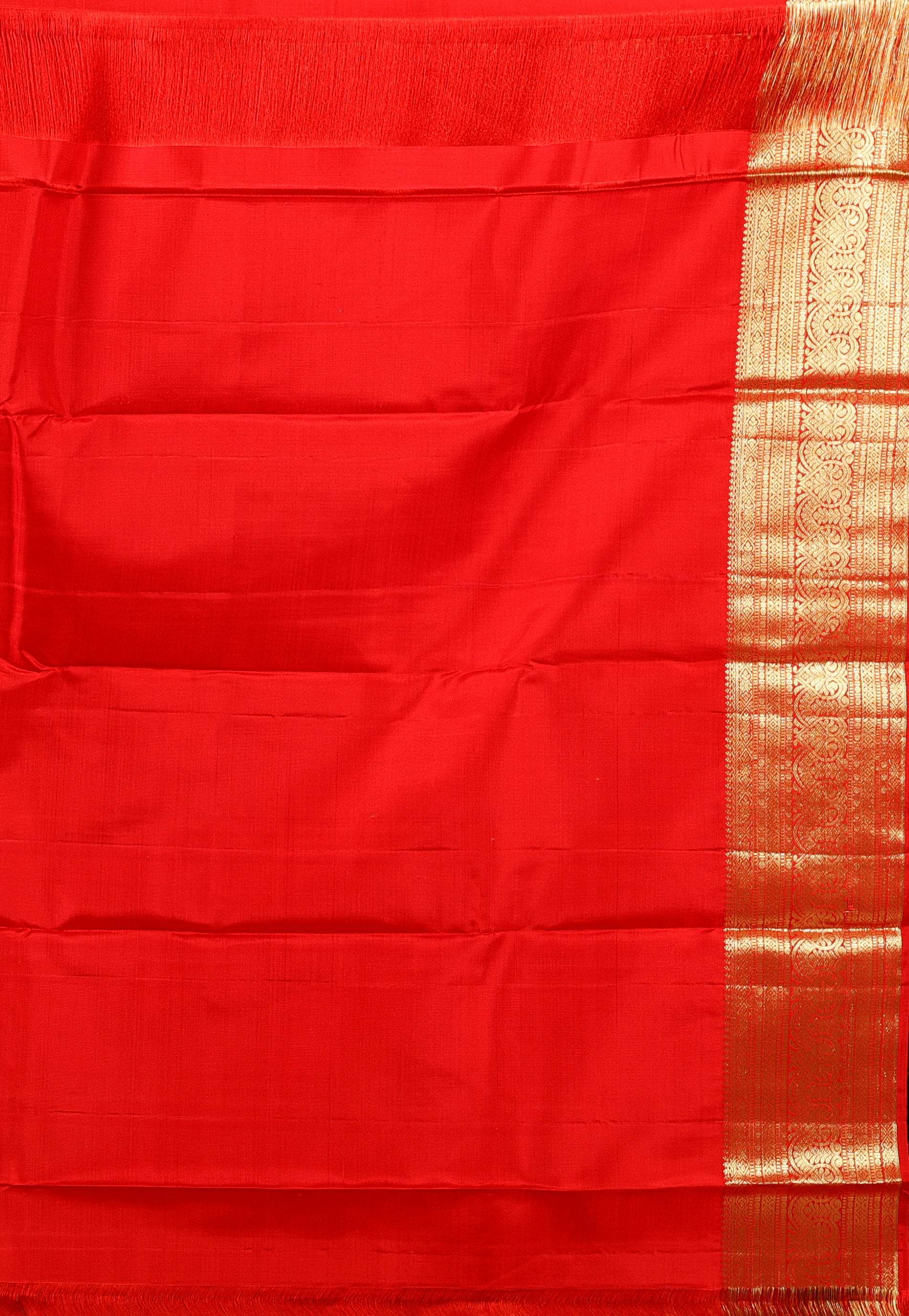 Golden Yellow with Red Border Kanjivaram Silk Saree With Blouse Piece - Adi Akshoy & Co.