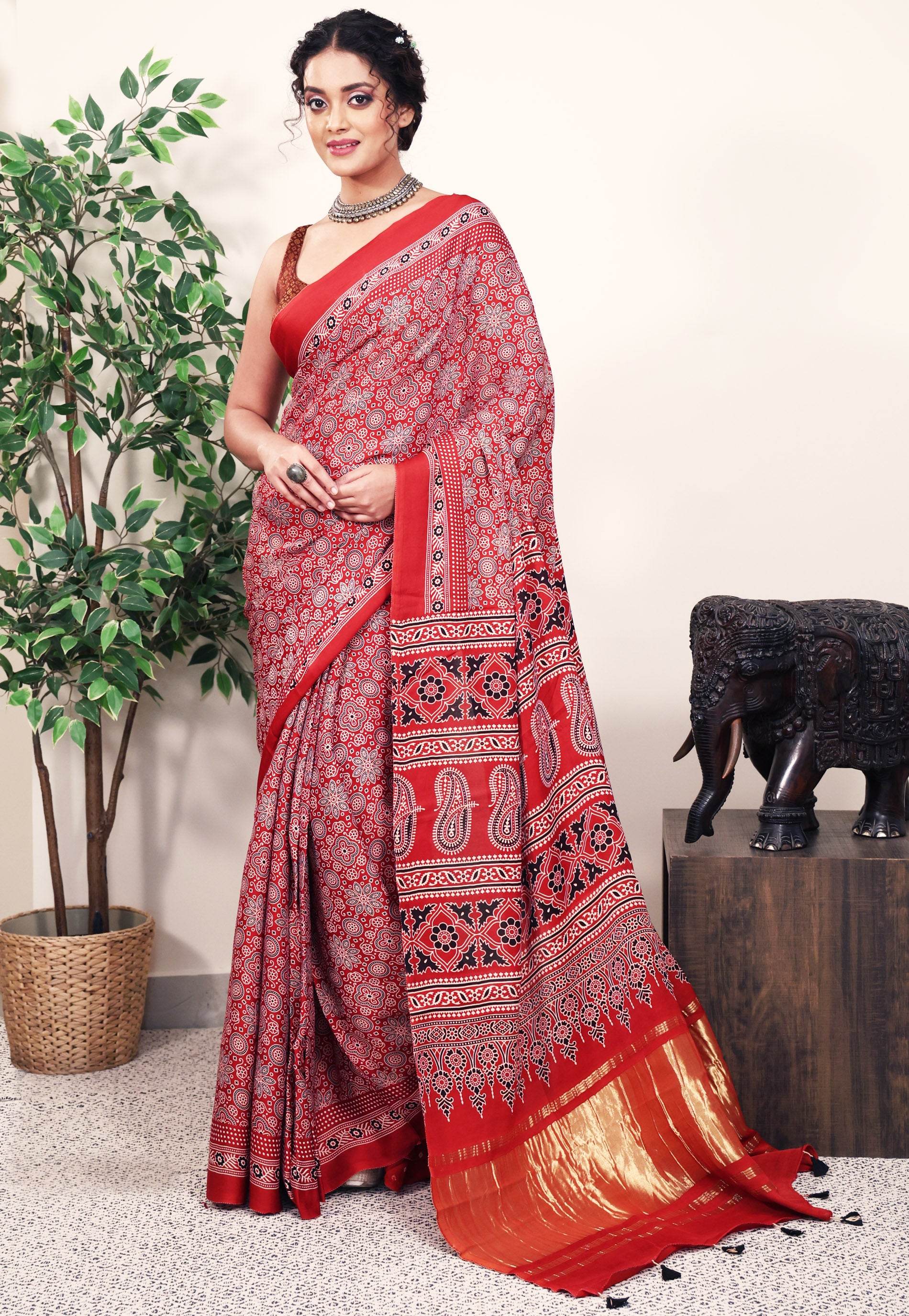 Rust Ajrakh print in Modal Silk Saree With Blouse Piece - Adi Akshoy & Co.