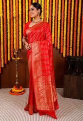 Red Kadwa Katan Pure Silk Saree With Blouse Piece - Adi Akshoy & Co.
