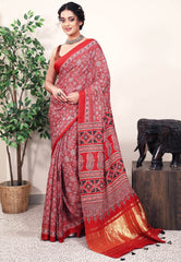 Rust Ajrakh print in Modal Silk Saree With Blouse Piece - Adi Akshoy & Co.