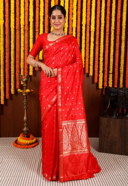 Red Katan Pure Silk Saree With Blouse Piece - Adi Akshoy & Co.