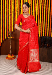 Red Katan Pure Silk Saree With Blouse Piece - Adi Akshoy & Co.