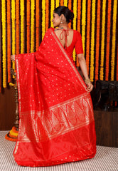 Red Katan Pure Silk Saree With Blouse Piece - Adi Akshoy & Co.