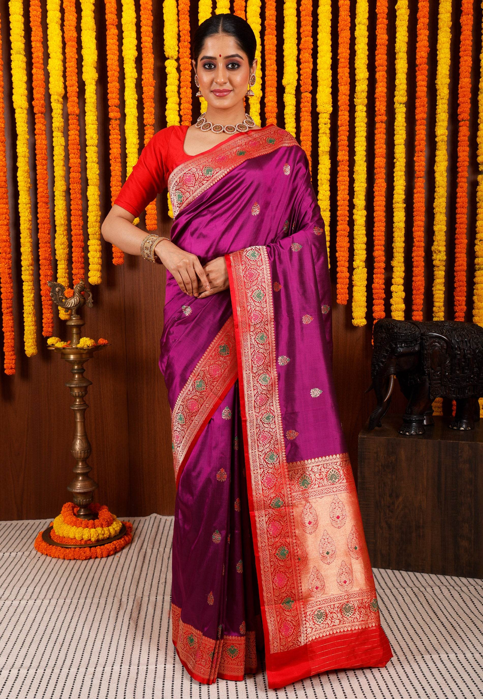 Purple Minakari with Red Border Kadwa Katan Pure Silk Saree With Blouse Piece - Adi Akshoy & Co.