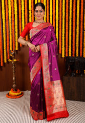 Purple Minakari with Red Border Kadwa Katan Pure Silk Saree With Blouse Piece - Adi Akshoy & Co.