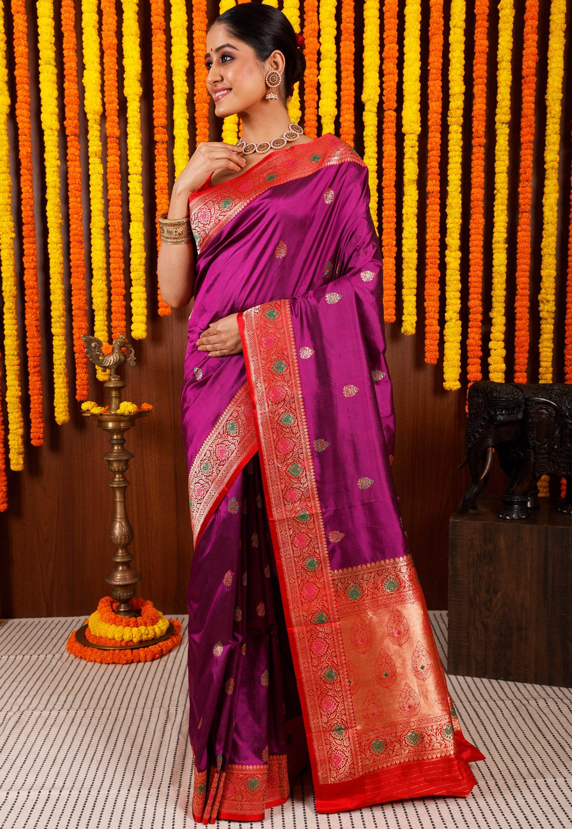 Purple Minakari with Red Border Kadwa Katan Pure Silk Saree With Blouse Piece - Adi Akshoy & Co.