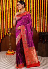 Purple Minakari with Red Border Kadwa Katan Pure Silk Saree With Blouse Piece - Adi Akshoy & Co.