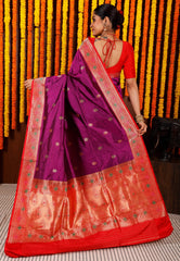 Purple Minakari with Red Border Kadwa Katan Pure Silk Saree With Blouse Piece - Adi Akshoy & Co.