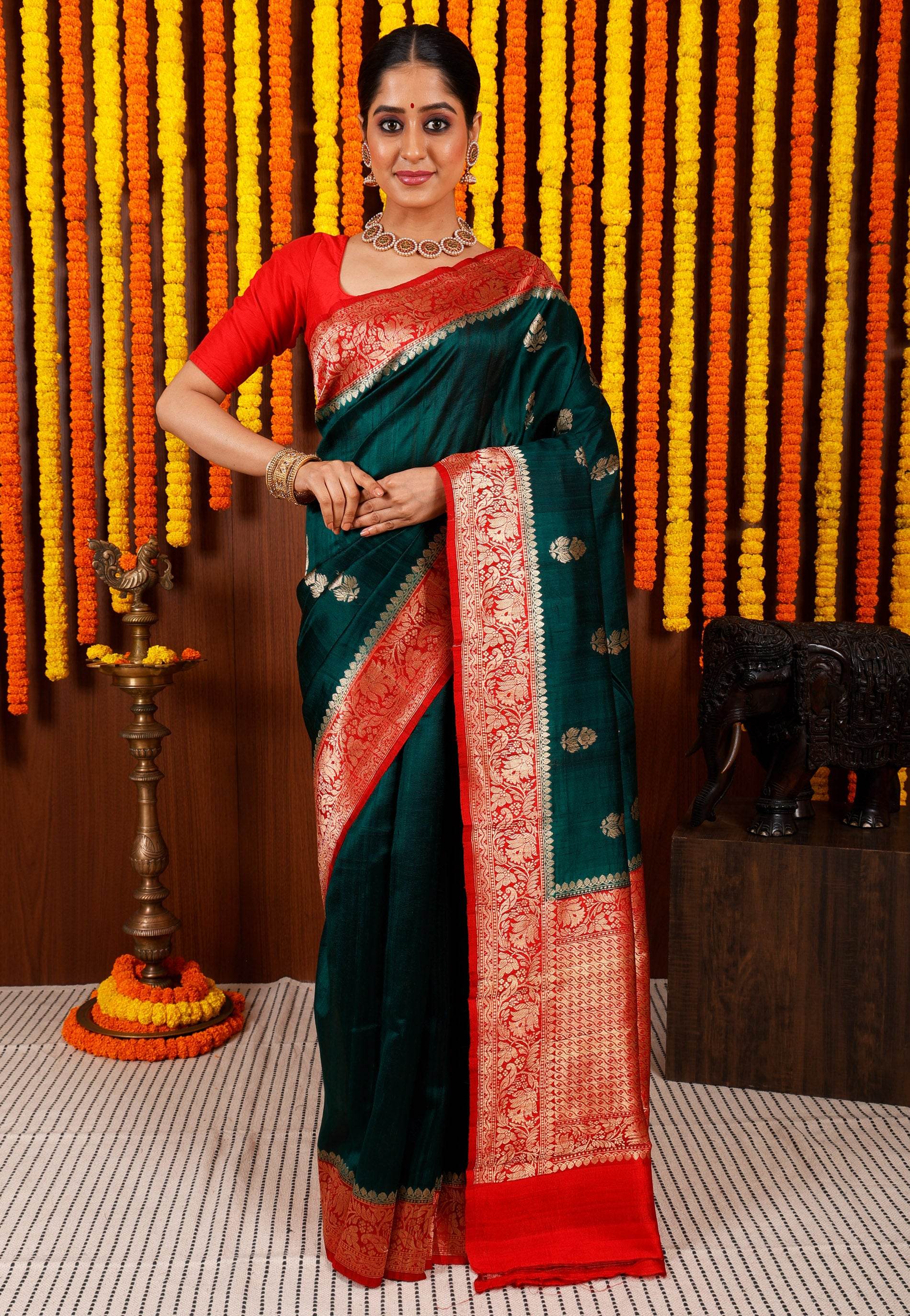 Bottle Green with Red Border Tussar Pure Silk Saree with Blouse Piece - Adi Akshoy & Co.