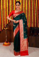 Bottle Green with Red Border Tussar Pure Silk Saree with Blouse Piece - Adi Akshoy & Co.
