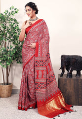 Rust Ajrakh print in Modal Silk Saree With Blouse Piece - Adi Akshoy & Co.