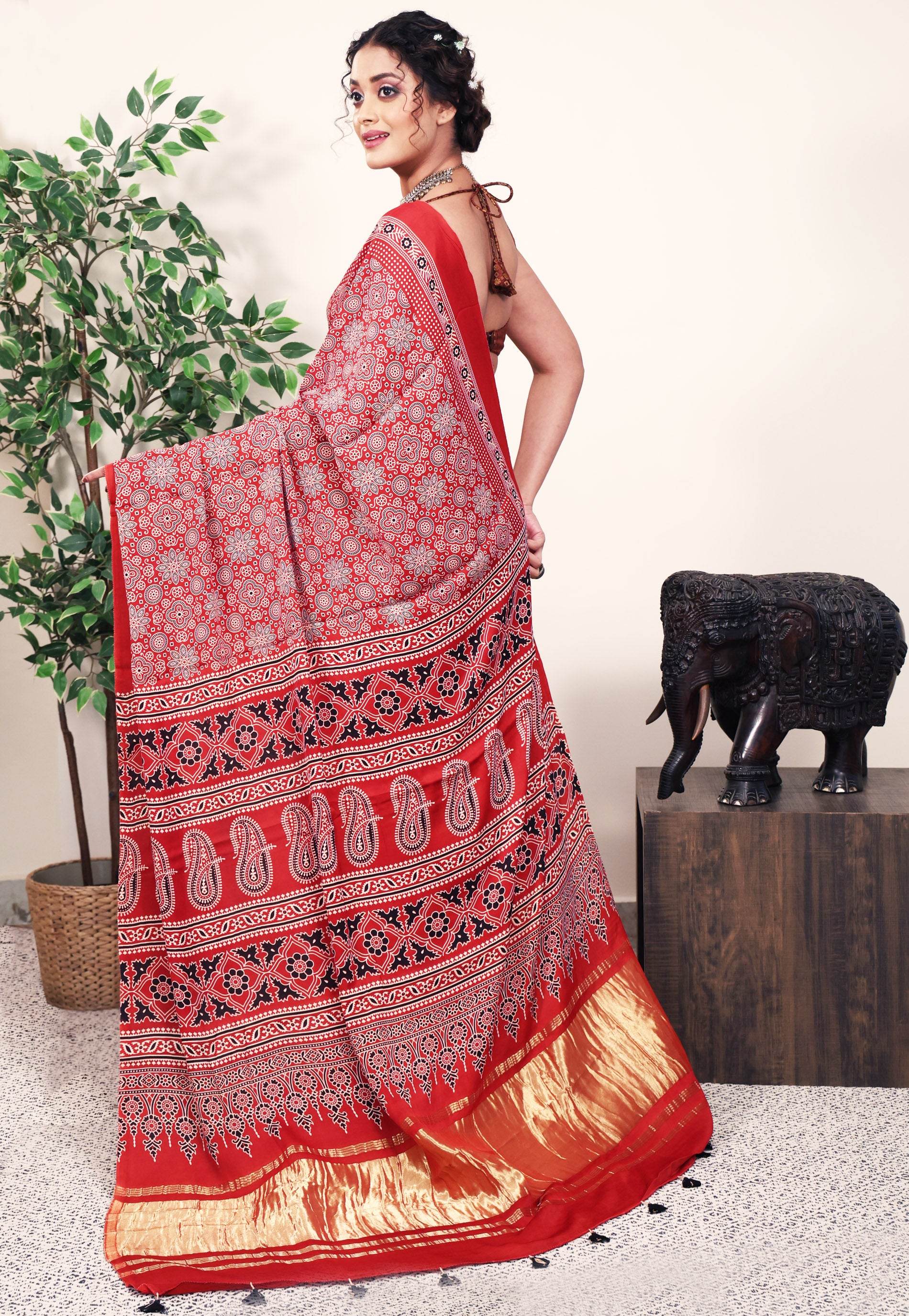 Rust Ajrakh print in Modal Silk Saree With Blouse Piece - Adi Akshoy & Co.