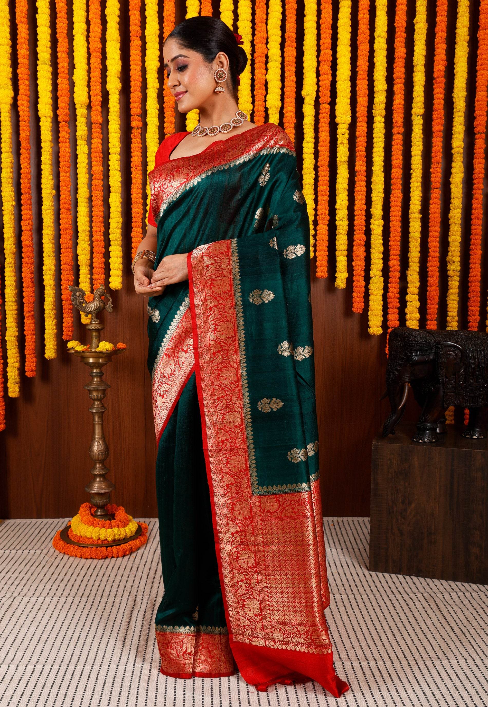 Bottle Green with Red Border Tussar Pure Silk Saree with Blouse Piece - Adi Akshoy & Co.