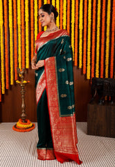 Bottle Green with Red Border Tussar Pure Silk Saree with Blouse Piece - Adi Akshoy & Co.