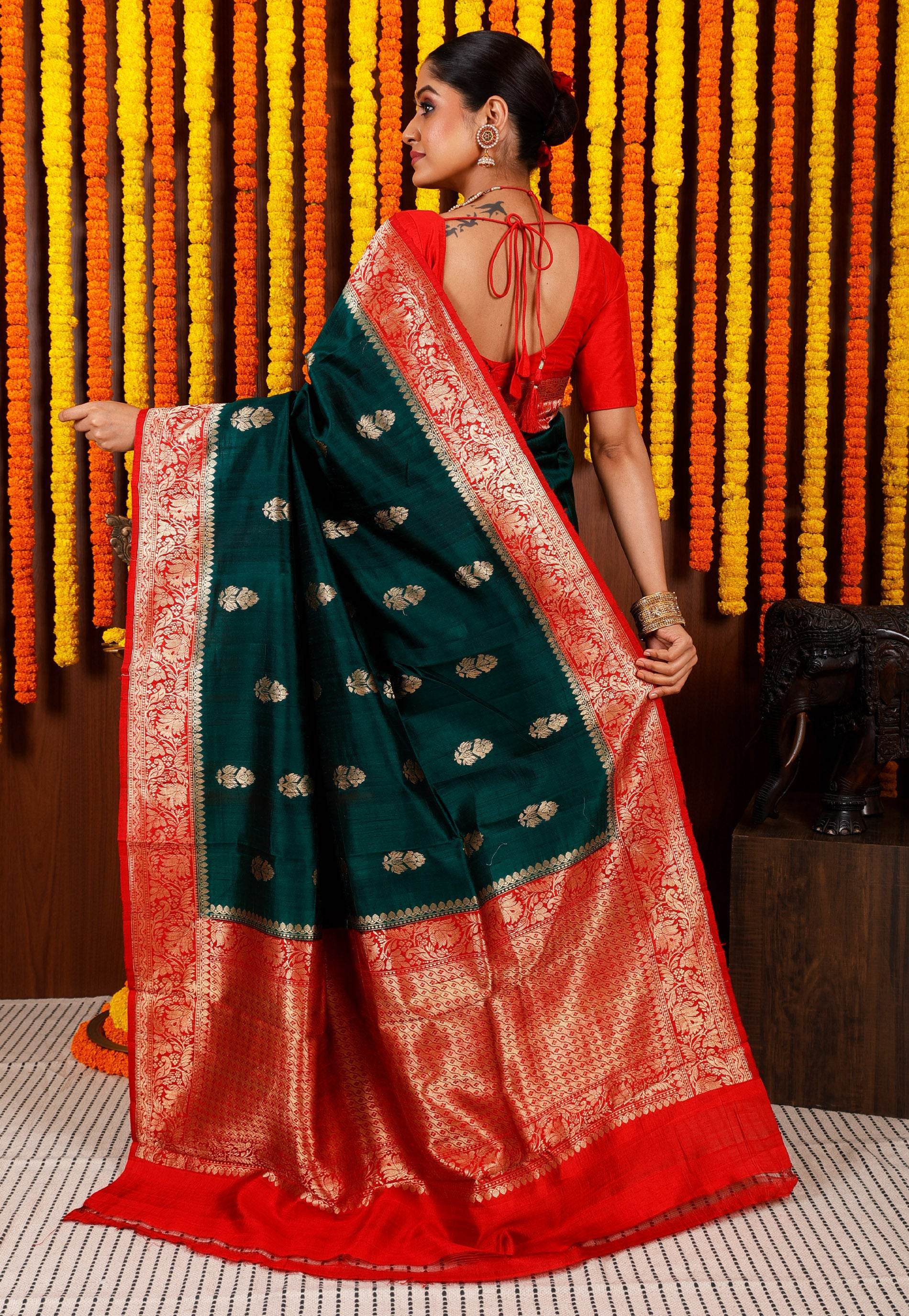 Bottle Green with Red Border Tussar Pure Silk Saree with Blouse Piece - Adi Akshoy & Co.